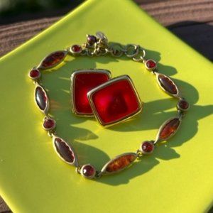 MONET Antique Gold Red Stone & Red Enamel Earrings SET